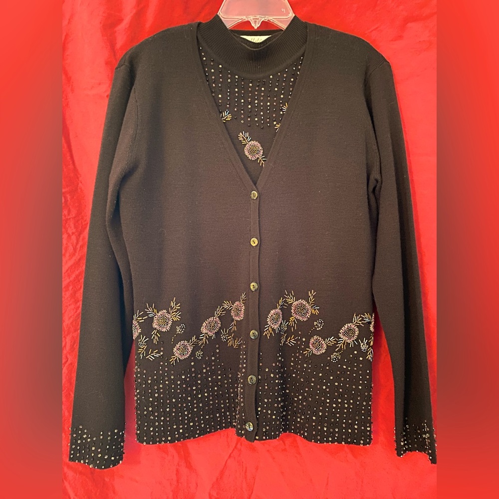 Beautiful beaded cardigan set w matching beaded sleeveless mock turtle neck top